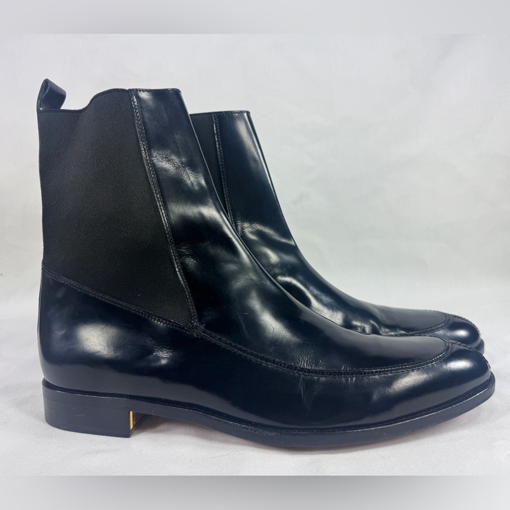 DOLCE & GABBANA Black Patent Leather Gold Accent Pointed Toe Chelsea Ankle Boots